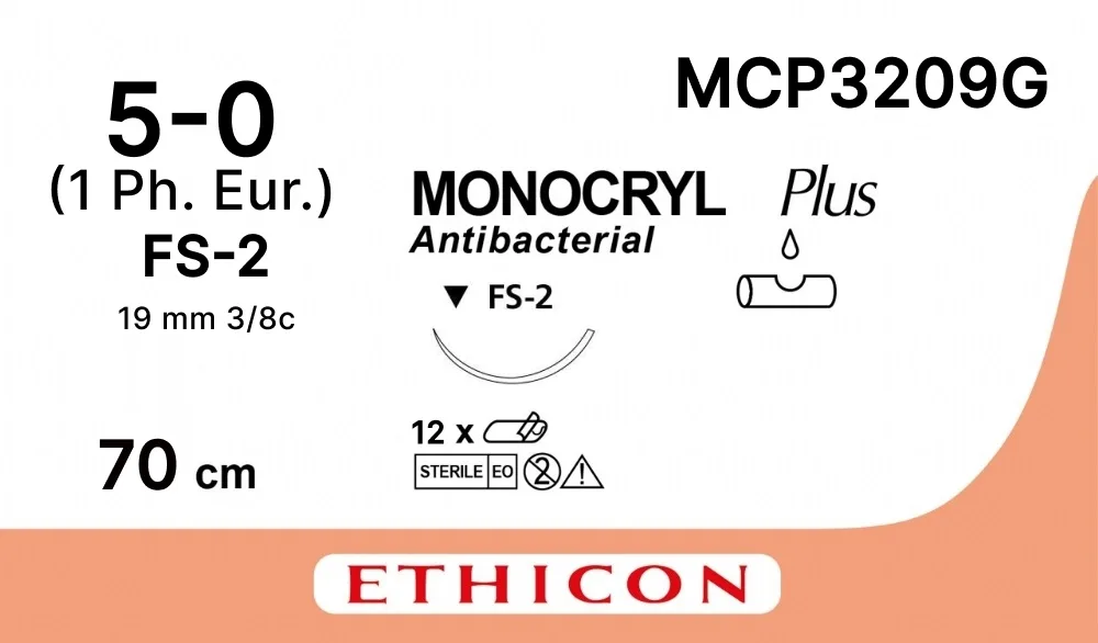 Монокрил Плюс 5/0, нить 70 см, игла 19 мм, обр.реж. 3/8 (12 шт) - рассасывающийся шовный материал, неокрашенный, MCP3209G