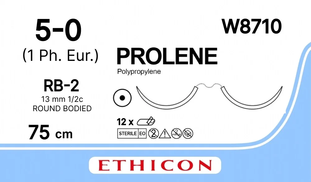Prolene 5/0, нить 75 см, игла 13 мм х 2, кол. 1/2 (12 шт) - нерассасывающийся шовный материал, синий, W8710