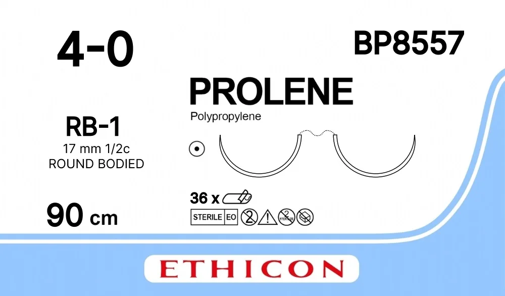 Prolene 4/0, нить 90 см, игла 17 мм х 2, кол. 1/2 (36 шт) - нерассасывающийся шовный материал, синий, BP8557