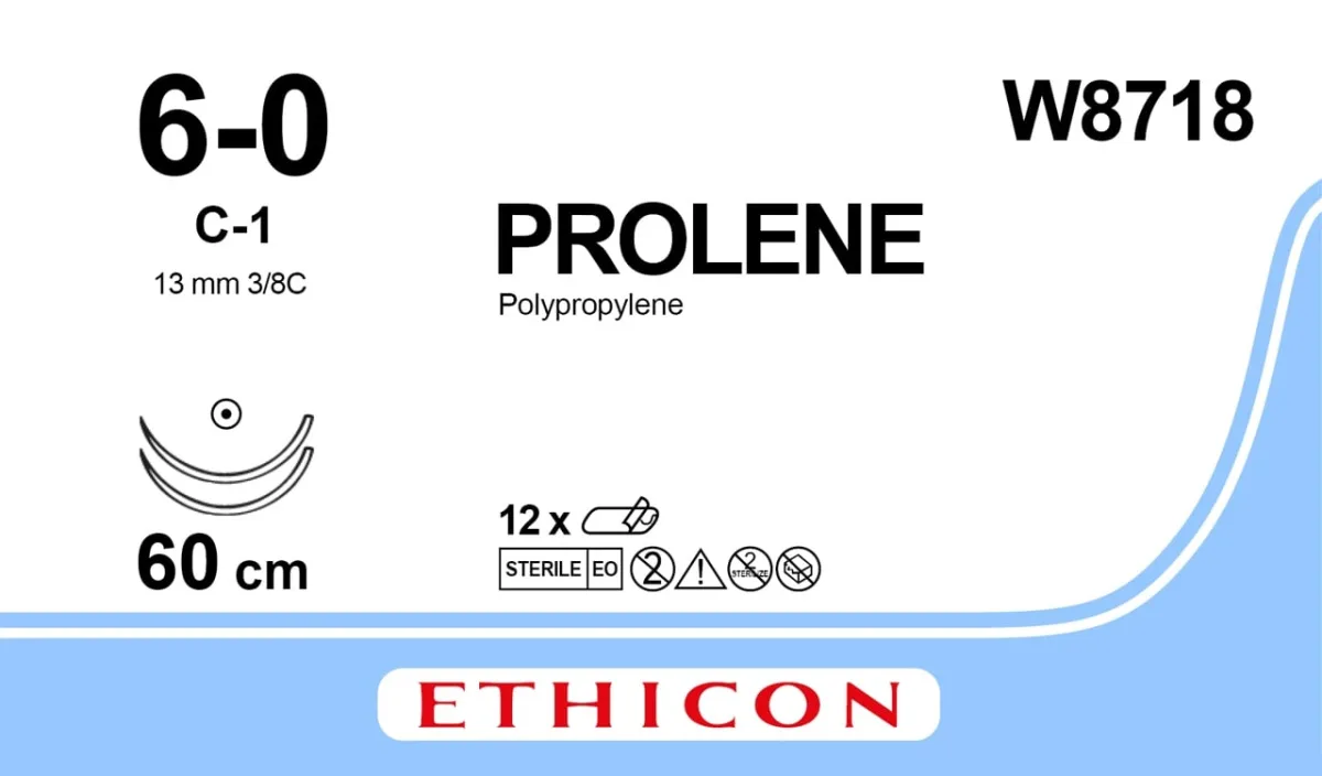 Prolene 6/0, нить 60 см, игла 13 мм, кол. 3/8 (12 шт) - нерассасывающийся шовный материал, W8718