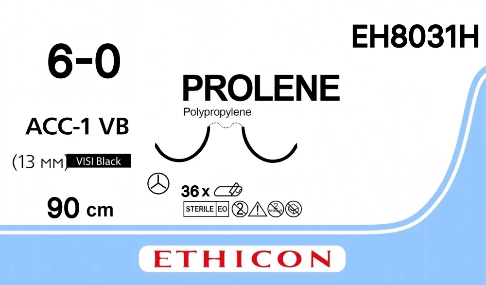 Prolene 6/0, нить 90 см, игла 13 мм х 2, АСС, VB (36 шт) - нерассасывающийся шовный материал, синий, сложный изгиб, EH8031H
