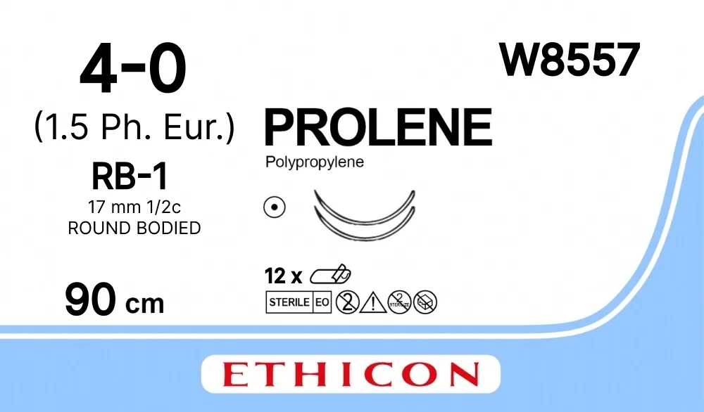 Prolene 4/0, нить 90 см, игла 17 мм х 2, кол. 1/2 (12 шт) - нерассасывающийся шовный материал, синий, W8557