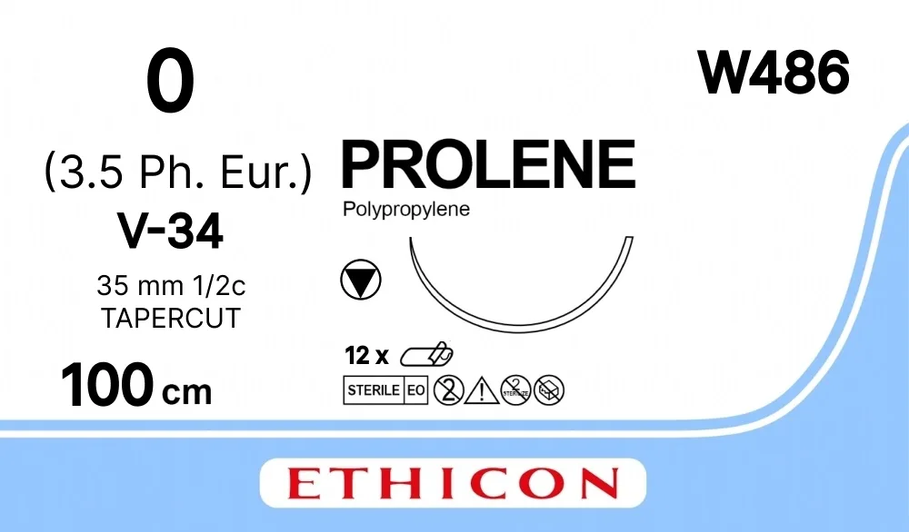 Prolene №0, нить 100 см, игла 36 мм, кол.-реж. 1/2 (12 шт) - нерассасывающийся шовный материал, синий, W486