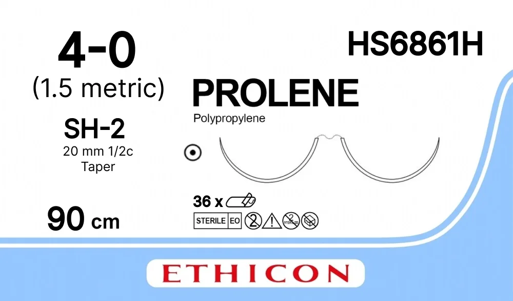 Prolene 4/0, нить 90 см, игла 20 мм х 2, кол. 1/2 (36 шт) - нерассасывающийся шовный материал, синий, Гемо-Сил, HS6861H