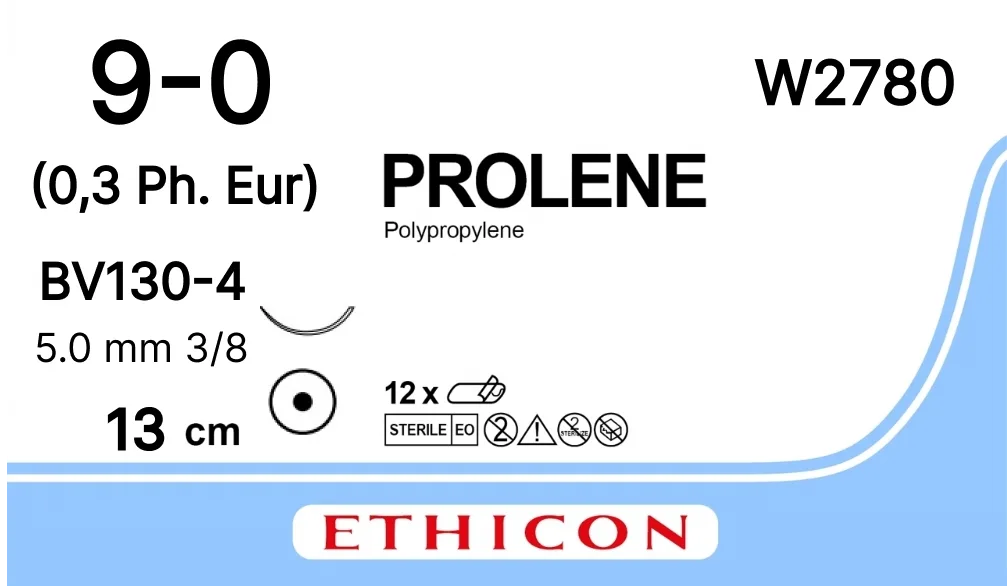 Prolene 9/0, нить 13 см, игла 5 мм, кол. 3/8 (12 шт) - нерассасывающийся шовный материал, синий, W2780