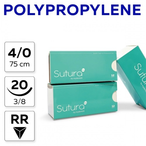 Polypropylene 4/0, нить 75 см, игла 20 мм, обр.реж. 3/8 (12 шт) - нерассасывающийся шовный материал, PM74020F4