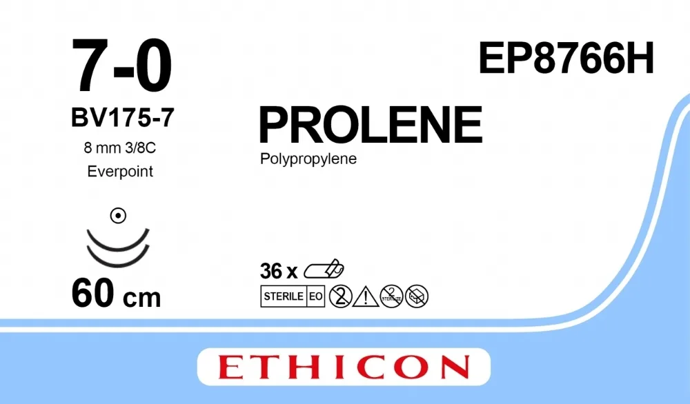 Prolene 7/0, нить 60 см, игла 8 мм х 2, кол. 3/8 (36 шт) - нерассасывающийся шовный материал, синий, EVERPOINT, EP8766H