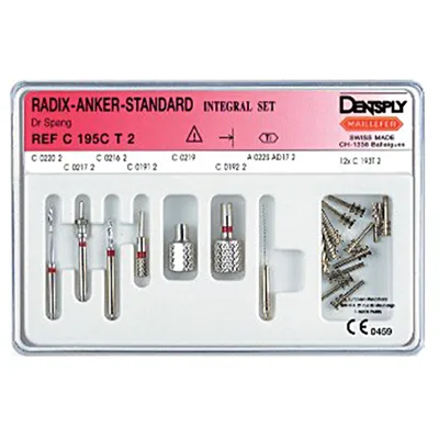 Radix Anker Standard Integral Set №1 - комплект титановых штифтов. Набор: 12 штифтов, пенетрационный дриль, алмазная внутрикан.фреза, спиральный бор, калибратор, ключ, мандрель, лентуло Dentsply