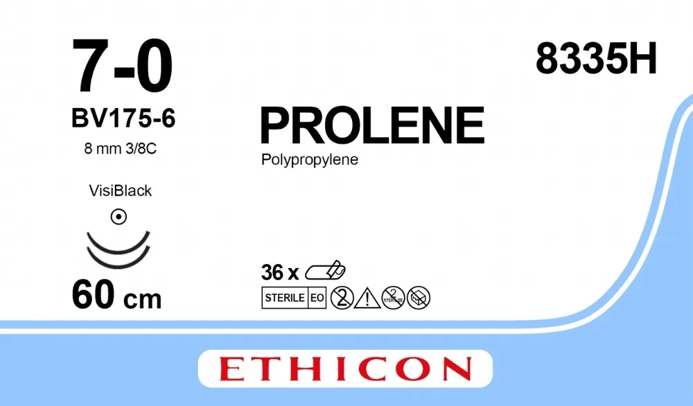 Prolene 7/0, нить 60 см, игла 8 мм х 2, кол. 3/8 (36 шт) - нерассасывающийся шовный материал, синий, ВизиБлэк, 8335H