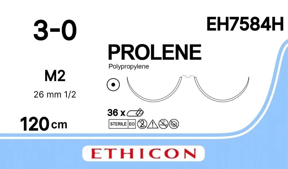 Prolene 3/0, нить 120 см, игла 26 мм х 2, кол. 1/2 (36 шт) - нерассасывающийся шовный материал, синий, EH7584H