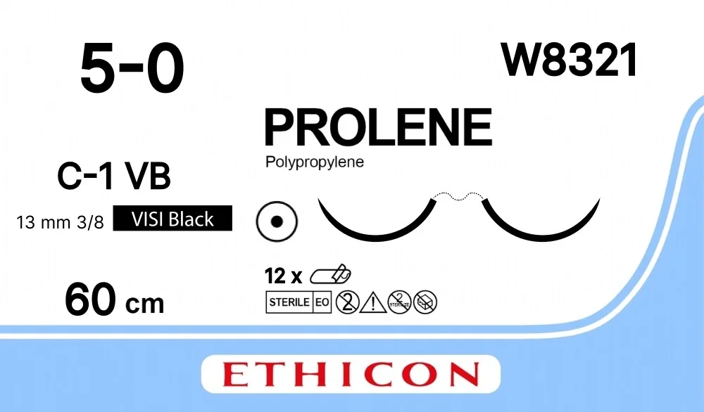 Prolene 5/0, нить 60 см, игла 13 мм х 2, кол. 3/8 (12 шт) - нерассасывающийся шовный материал, синий, ВизиБлэк, W8321