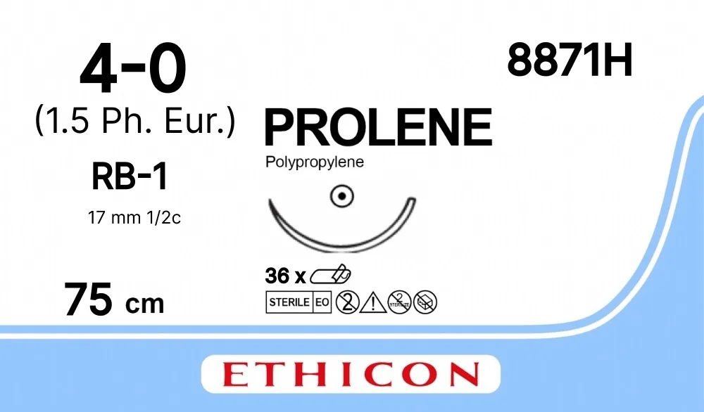 Prolene 4/0, нить 75 см, игла 17 мм, кол. 1/2 (36 шт) - нерассасывающийся шовный материал, синий, 8871H