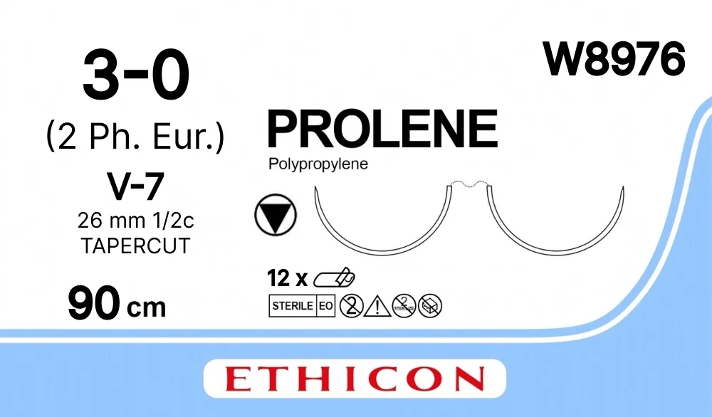 Prolene 3/0, нить 90 см, игла 26 мм х 2, кол.-реж. 1/2 (12 шт) - нерассасывающийся шовный материал, синий, W8976