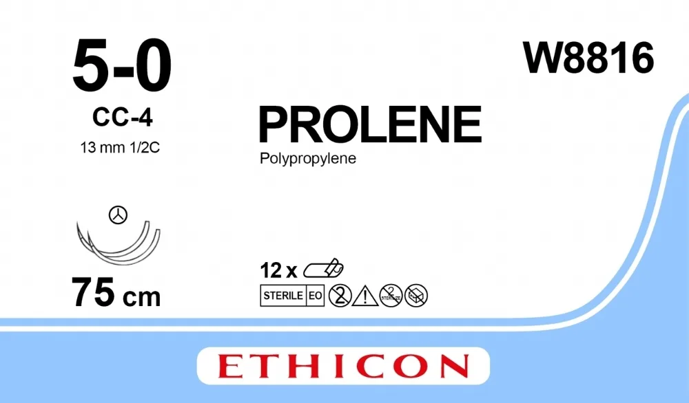 Prolene 5/0, нить 75 см, игла 13 мм х 2, СС 1/2 (12 шт) - нерассасывающийся шовный материал, синий, W8816