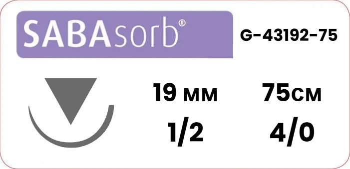 Sabana Sabasorb 4/0, нить 75 см, игла HS-19 19 мм, обр.реж. 1/2, пересекающийся (1 шт) - рассасывающийся шовный материал, фиолетовый, G-43192-75