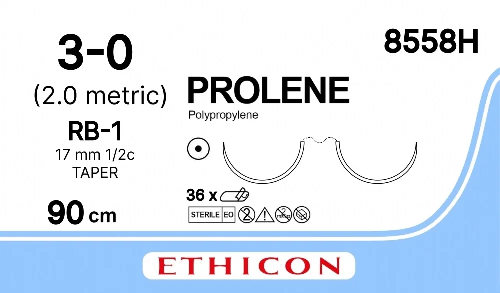 Prolene 3/0, нить 90 см, игла 17 мм х 2, кол. 1/2 (36 шт) - нерассасывающийся шовный материал, синий, 8558H