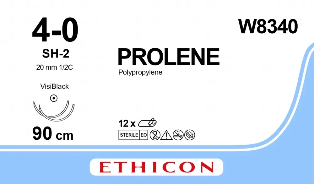 Prolene 4/0, нить 90 см, игла 20 мм х 2, кол. 1/2 (12 шт) - нерассасывающийся шовный материал, синий, ВизиБлэк, W8340