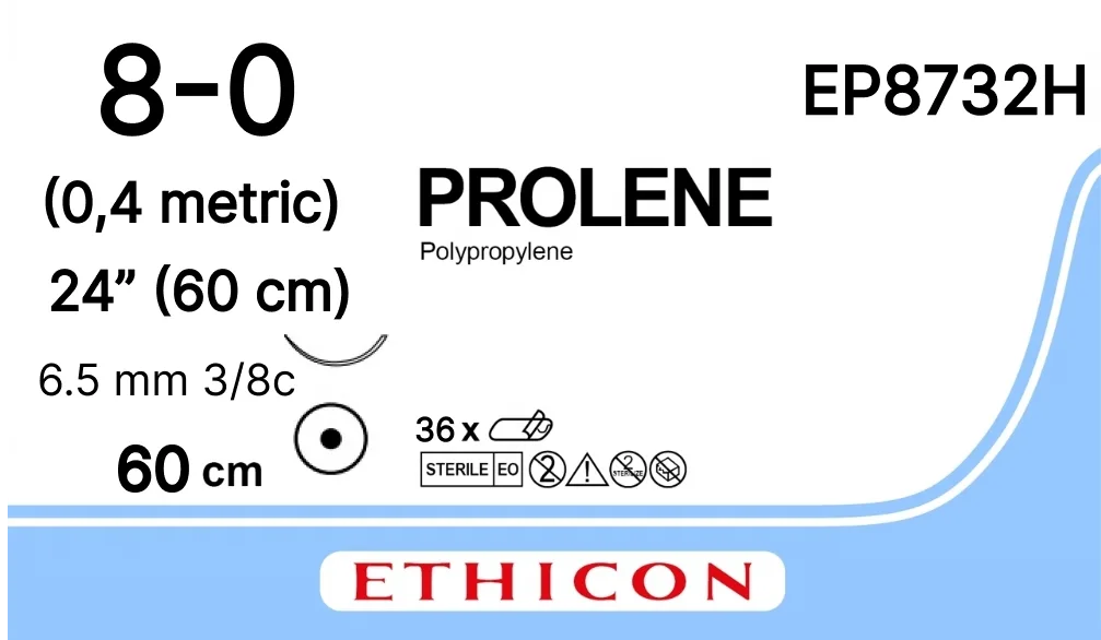 Prolene 8/0, нить 60 см, игла 6,5 мм х 2, кол. 3/8 (36 шт) - нерассасывающийся шовный материал, синий, EVERPOINT, EP8732H