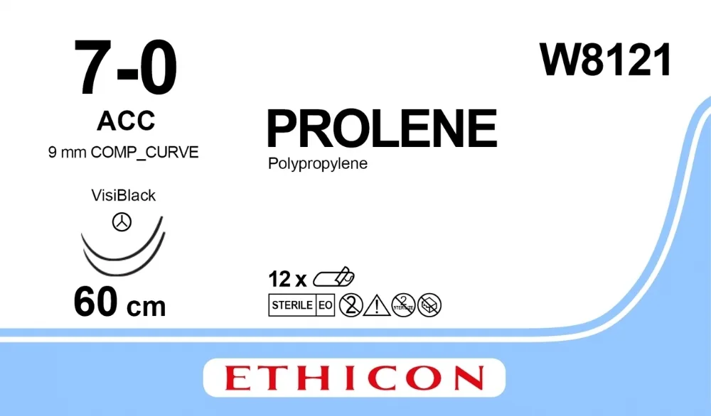 Prolene 7/0, нить 60 см, игла 9,3 мм х 2, АСС (24 шт) - нерассасывающийся шовный материал, синий, ВизиБлэк, сложный изгиб, W8121