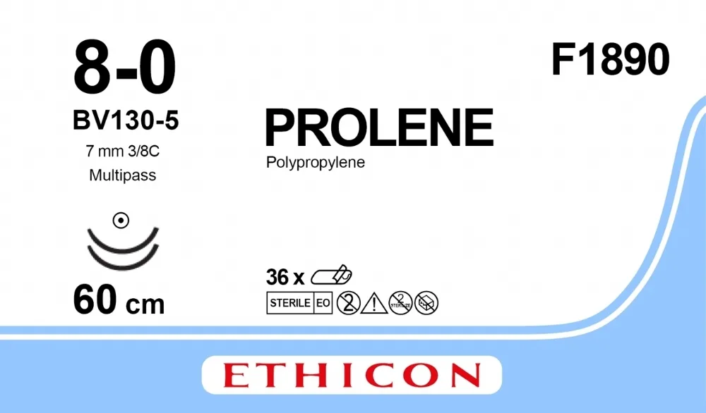 Prolene 8/0, нить 60 см, игла 6,5 мм х 2, кол. 3/8 (36 шт) - нерассасывающийся шовный материал, синий, F1890