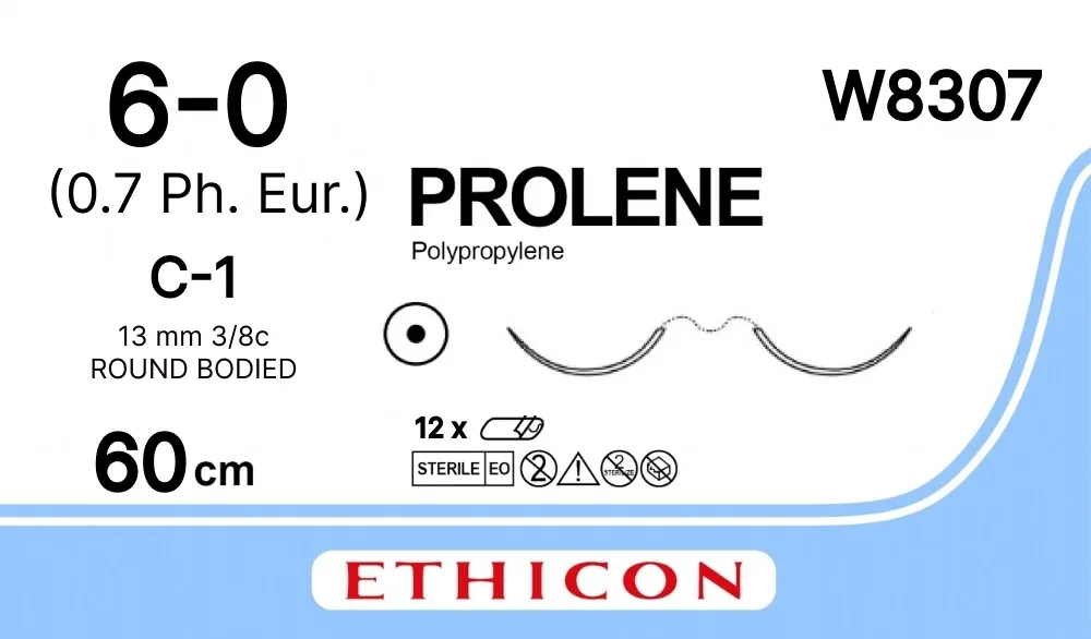 Prolene 6/0, нить 60 см, игла 13 мм х 2, кол. 3/8 (12 шт) - нерассасывающийся шовный материал, синий, ВизиБлэк, W8307