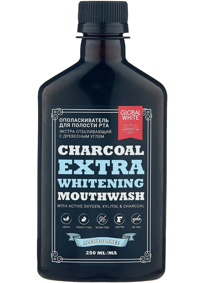 Charcoal Extra Whitening, экстраотбеливающий с древесным углем, Global White - ополаскиватель для полости рта