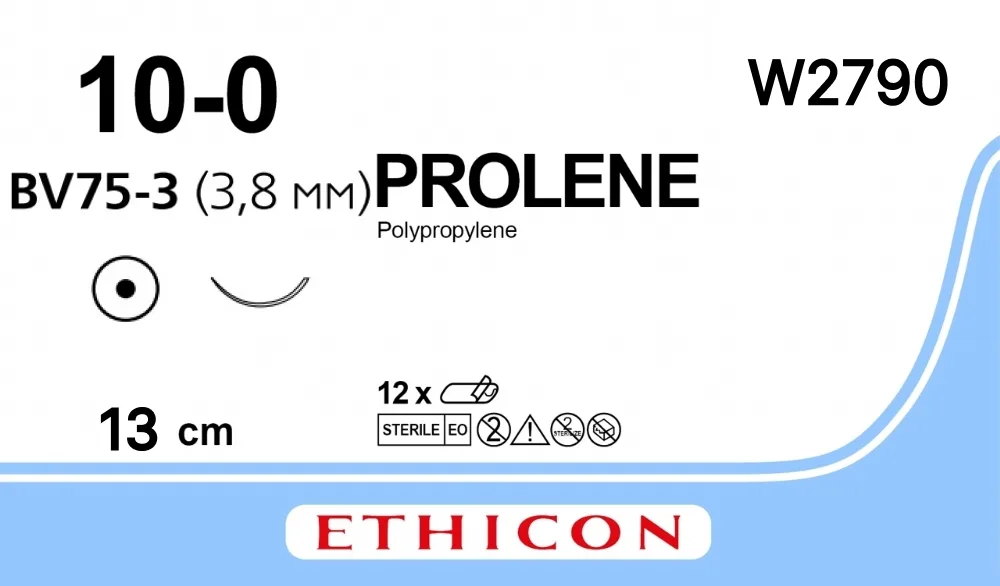 Prolene 10/0, нить 13 см, игла 3,8 мм, кол. 3/8 (12 шт) - нерассасывающийся шовный материал, синий, W2790