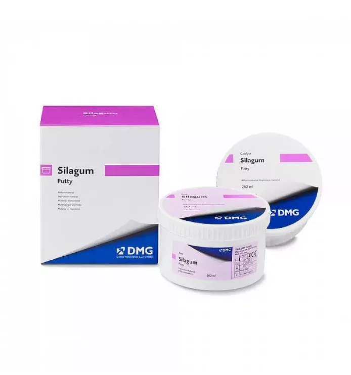 Silagum Putty Standart (Силагум Патти Стандарт), 2 х 262 мл, слепочный материал на основе А-силикона подходит для всех техник двухфазного оттиска, для снятия предварительных оттисков в стандартных банках по 262 мл (2 банки, база + катализатор) для ручного замешивания. Силагум Патти Стандарт, ДМЖ