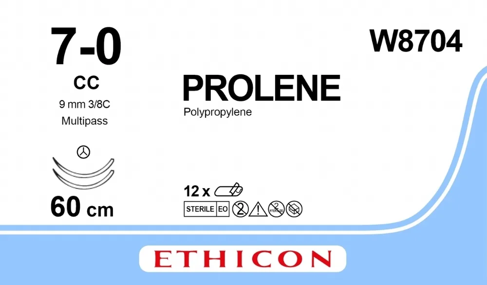 Prolene 7/0, нить 60 см, игла 9,3 мм х 2, СС 3/8 (12 шт) - нерассасывающийся шовный материал, синий, W8704