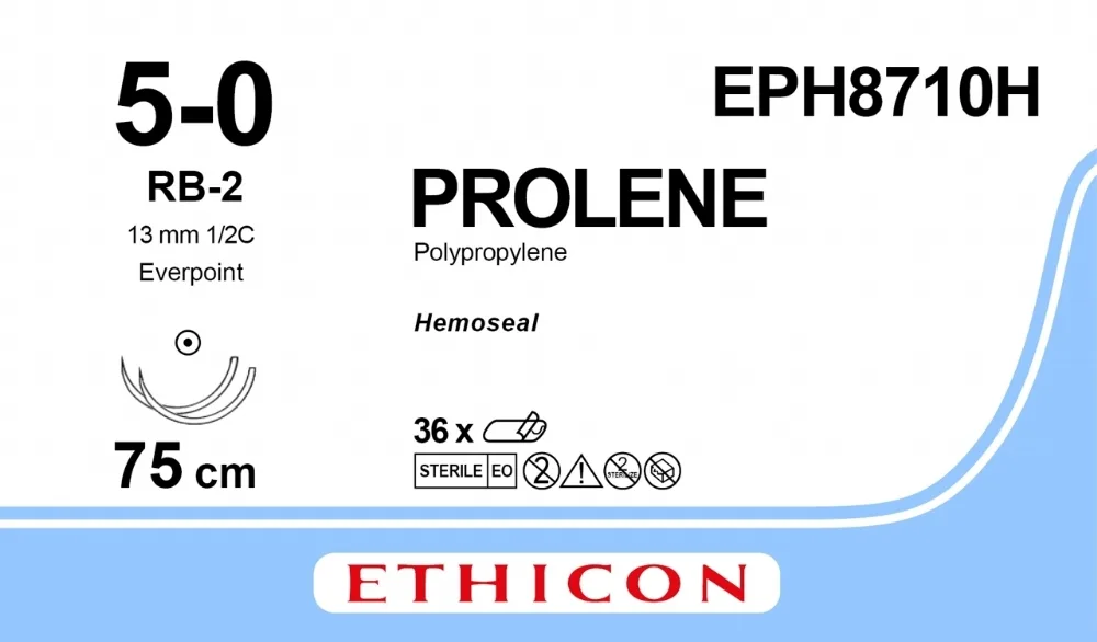 Prolene 5/0, нить 75 см, игла 13 мм х 2, кол. 1/2 (36 шт) - нерассасывающийся шовный материал, синий, Гемо-Сил, EVERPOINT, EPH8710H