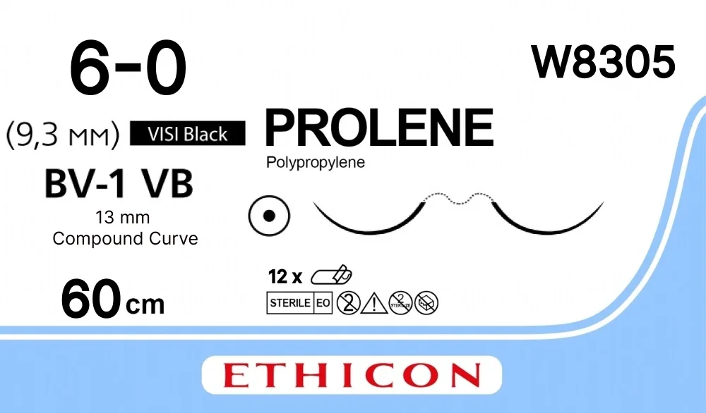 Prolene 6/0, нить 60 см, игла 9,3 мм х 2, кол. 3/8 (12 шт) - нерассасывающийся шовный материал, синий, ВизиБлэк, W8305