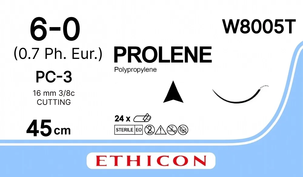 Prolene 6/0, нить 45 см, игла 16 мм, Прайм реж. 3/8 (12 шт) - нерассасывающийся шовный материал, синий, W8005T
