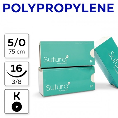 Polypropylene 5/0, нить 75 см, игла 16 мм, кол. 3/8 (12 шт) - нерассасывающийся шовный материал, PM75016F0
