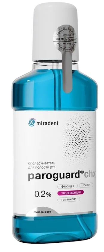 Ополаскиватель для полости рта Мирадент Paroguard с Д-глюконатом хлоргексидина 0,2% и 250 ppm фторидов