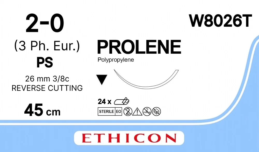 Prolene 2/0, нить 45 см, игла 26 мм, Прайм обр.реж. 3/8 (24 шт) - нерассасывающийся шовный материал, синий, W8026T