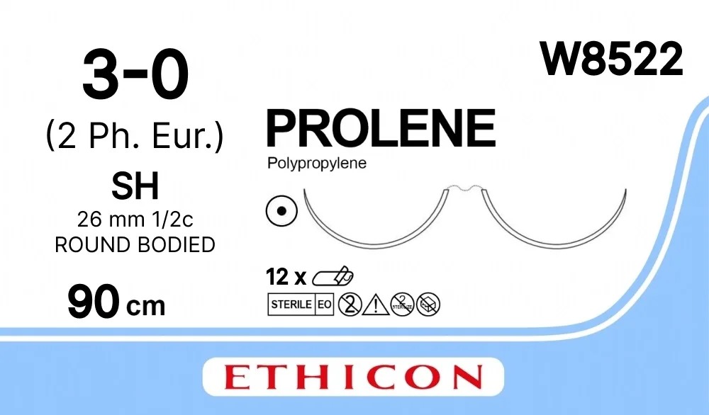 Prolene 3/0, нить 90 см, игла 26 мм х 2, кол. 1/2 (12 шт) - нерассасывающийся шовный материал, синий, W8522