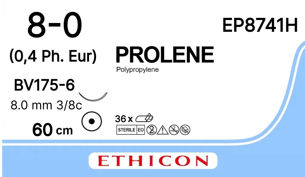 Prolene 8/0, нить 60 см, игла 8 мм х 2, кол. 3/8 (36 шт) - нерассасывающийся шовный материал, синий, EVERPOINT, EP8741H