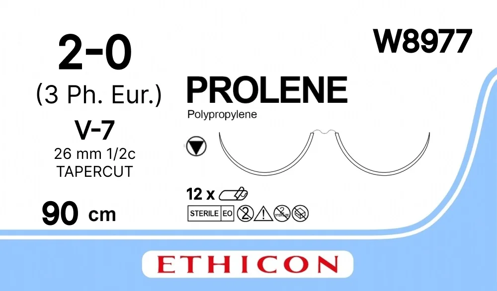 Prolene 2/0, нить 90 см, игла 26 мм х 2, кол.-реж. 1/2 (12 шт) - нерассасывающийся шовный материал, синий, W8977