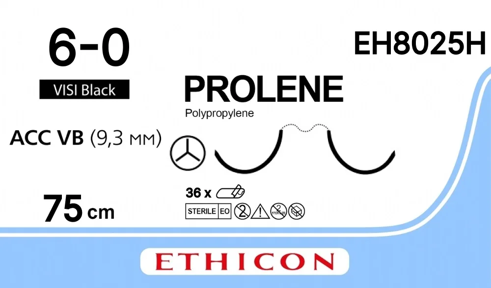 Prolene 6/0, нить 75 см, игла 9,3 мм х 2, АСС, VB (12 шт) - нерассасывающийся шовный материал, синий, сложный изгиб, EH8025H