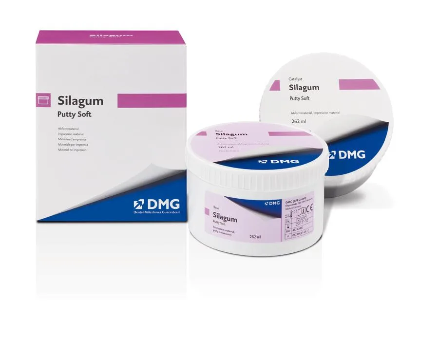 Silagum Putty Soft (Силагум Патти Софт), 2 х 262 мл, слепочный материал на основе А-силикона подходит для всех техник двухфазного оттиска, для снятия предварительных оттисков в стандартных банках по 262 мл (2 банки, база + катализатор) для ручного замешивания. Силагум Патти Софт, ДМЖ