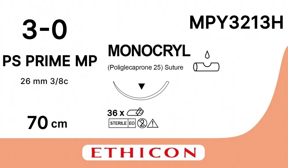 Монокрил 3/0, нить 70 см, игла 26 мм, Прайм обр.реж. 3/8 (12 шт) - рассасывающийся шовный материал, неокрашенный, MPY3213H