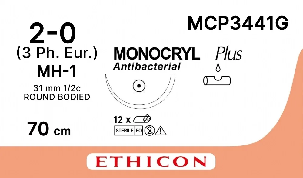 Монокрил Плюс 2/0, нить 70 см, игла 31 мм, кол. 1/2 (12 шт) - рассасывающийся шовный материал, фиолетовый, MCP3441G