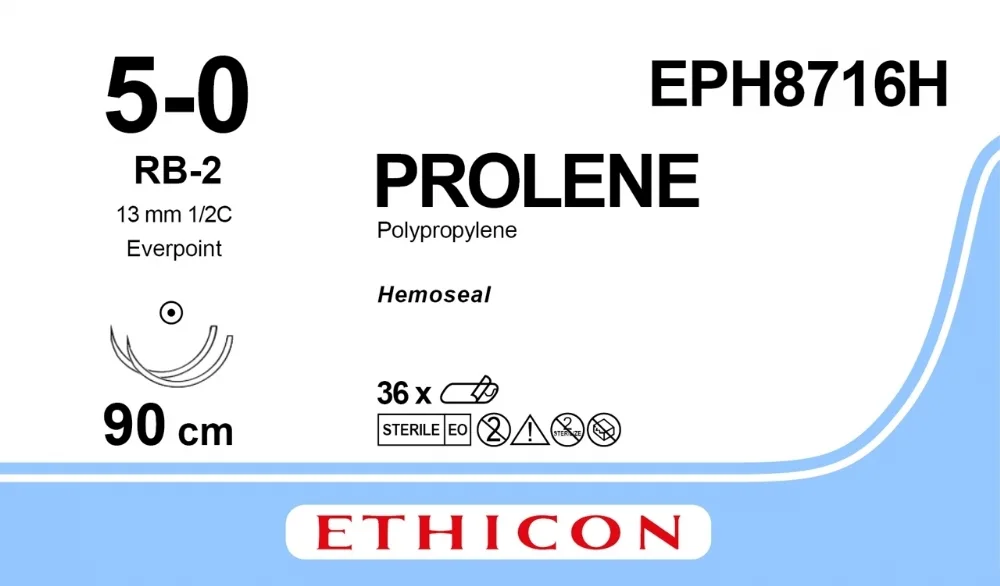 Prolene 5/0, нить 90 см, игла 13 мм х 2, кол. 1/2 (36 шт) - нерассасывающийся шовный материал, синий, Гемо-Сил, EVERPOINT, EPH8716H