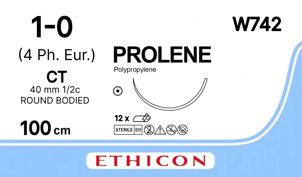 Prolene №1, нить 100 см, игла 40 мм, кол. массивная 1/2 (12 шт) - нерассасывающийся шовный материал, синий, W742