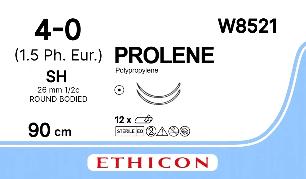 Prolene 4/0, нить 90 см, игла 26 мм х 2, кол. 1/2 (12 шт) - нерассасывающийся шовный материал, синий, W8521