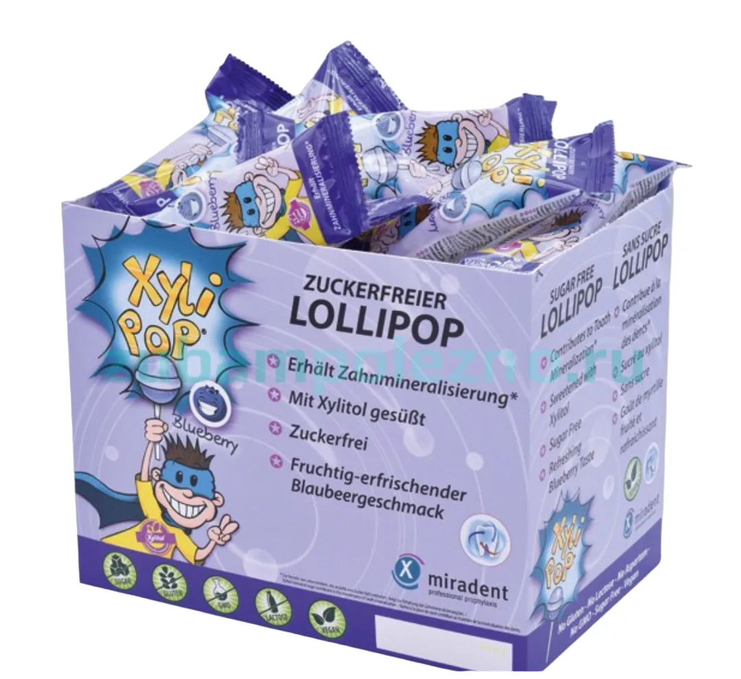 XyliPOP Lolli - леденец со 100% ксилитом, голубика, 50 шт. (по 6 г)