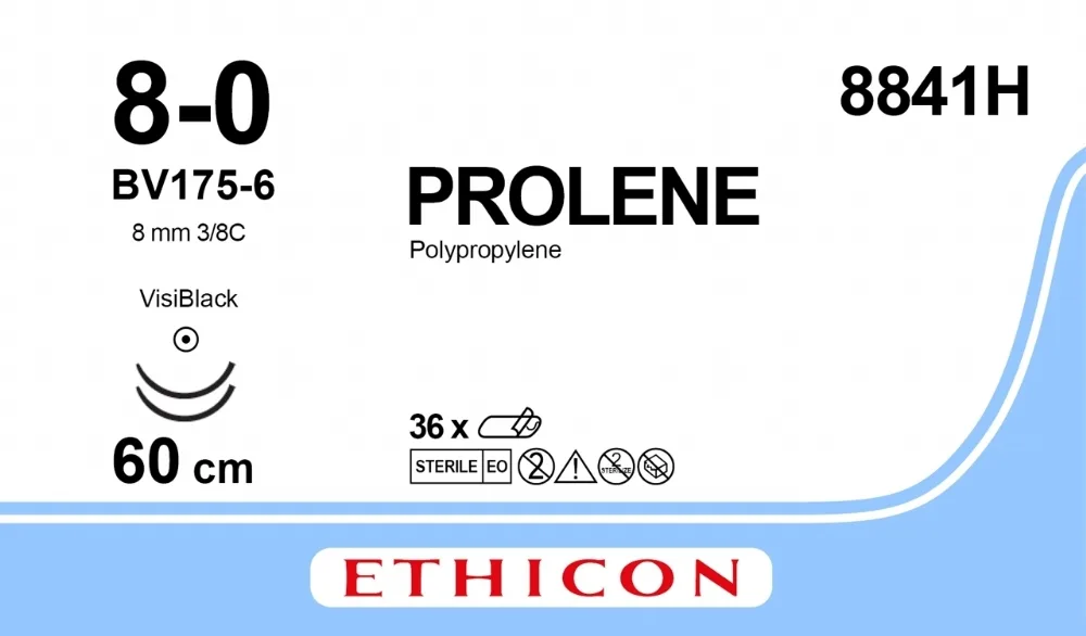 Prolene 8/0, нить 60 см, игла 8 мм х 2, кол. 3/8 (36 шт) - нерассасывающийся шовный материал, синий, ВизиБлэк, 8841H