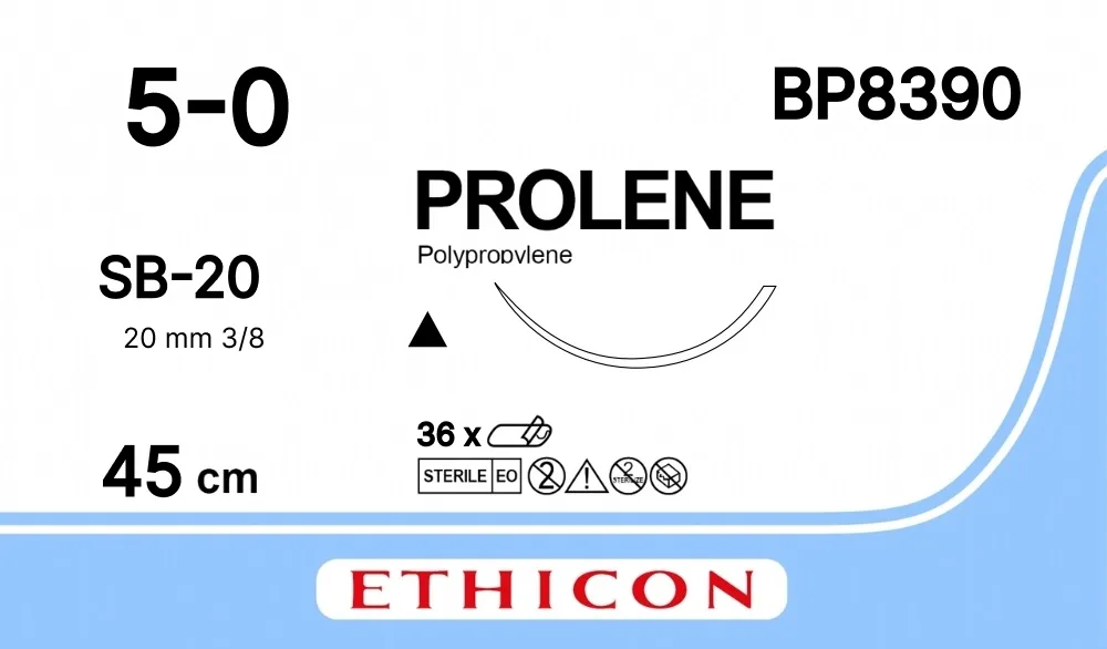 Prolene 5/0, нить 45 см, игла 20 мм, реж. 3/8 (12 шт) - нерассасывающийся шовный материал, синий, BP8390