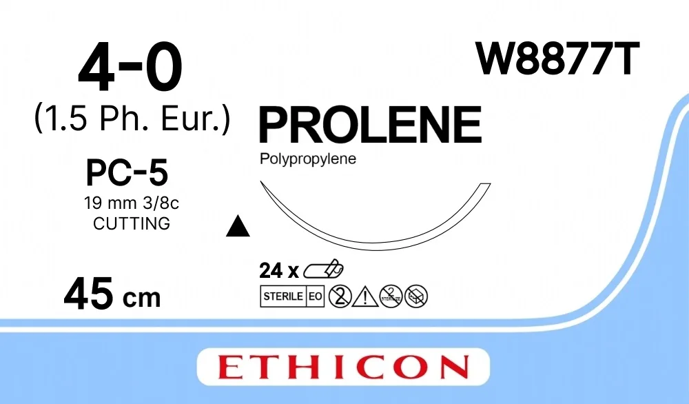 Prolene 4/0, нить 45 см, игла 19 мм, Прайм реж. 3/8 (24 шт) - нерассасывающийся шовный материал, синий, W8877T