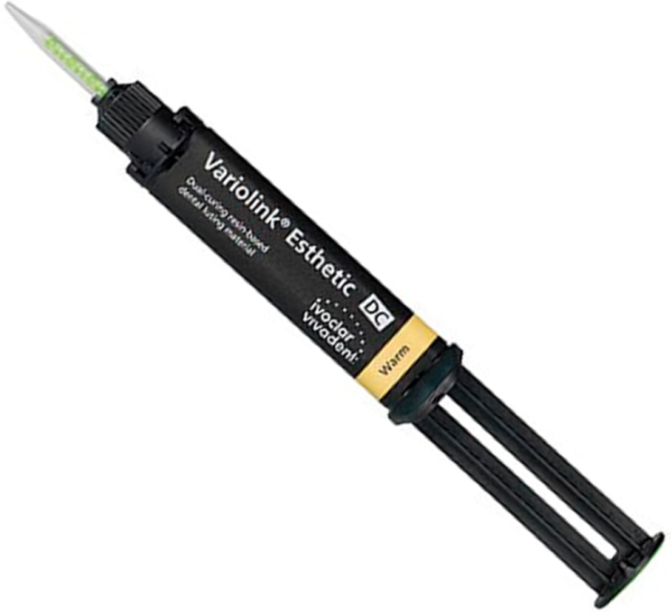 Variolink Esthetic DC (Вариолинк Эстетик DC), warm (теплый), шприц (1x9g) композитный цемент двойного отверждения для постоянной фиксации реставраций, рентгеноконтрастный. Вариолинк Эстетик DC, Ivoclar-Vivadent